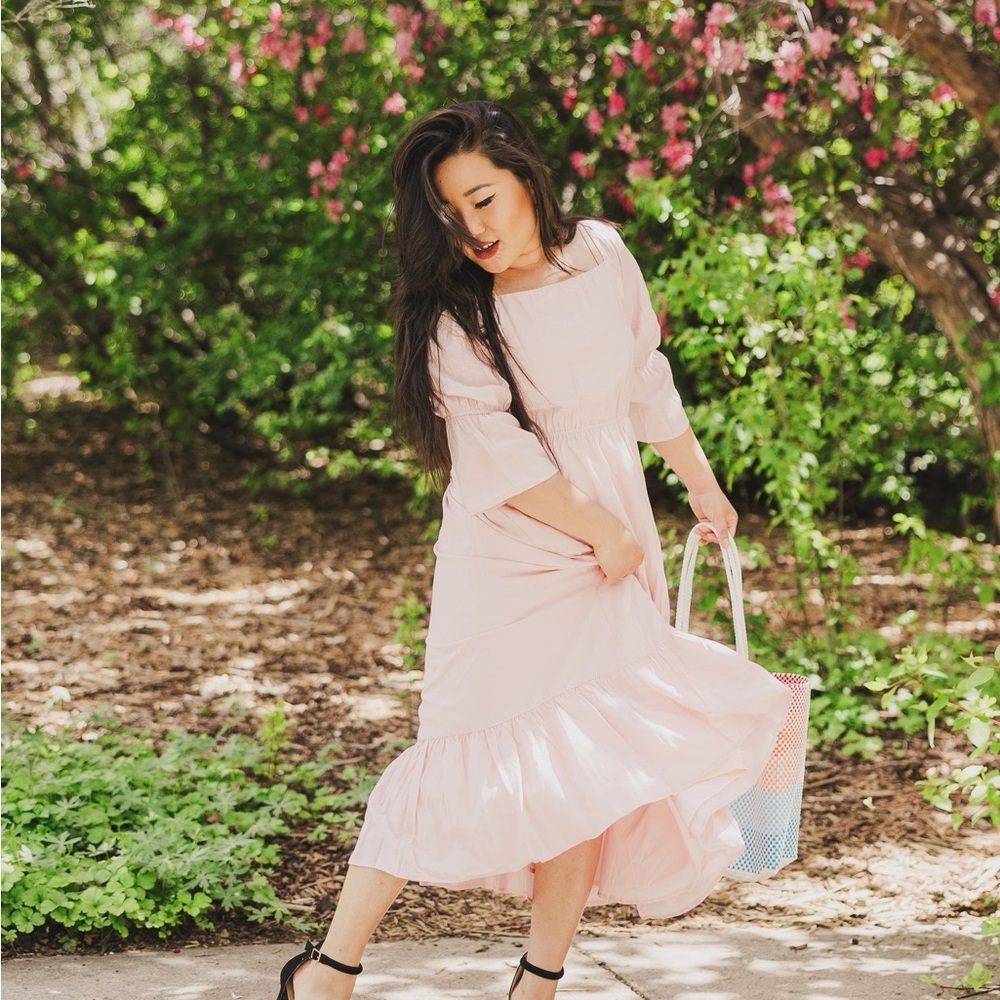 Sunday Sparks Elegant Pink Midi Women's Dress | The Louise Dress in Petal Pink